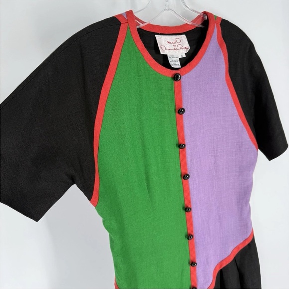 Vintage Oscar de la Renta Dress Womens Size 8 Linen Colorblock Drop Waist 80s - Picture 2 of 9